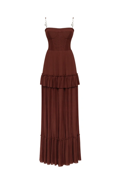 Shop Milla Chocolate Spaghetti Strap Pleated Maxi Dress, Garden Of Eden In Brown