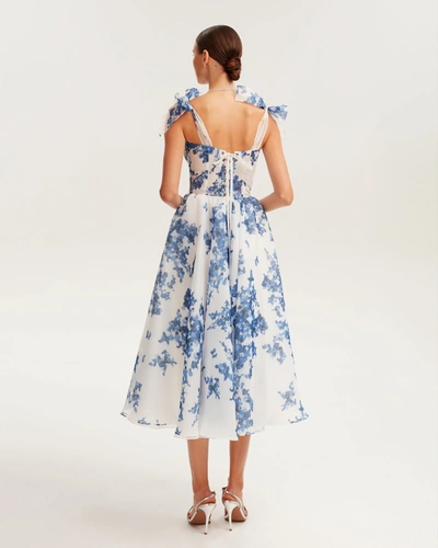 Shop Milla Charming Blue Hydrangea-patterned Organza Midi Dress, Garden Of Eden In Blue-navy