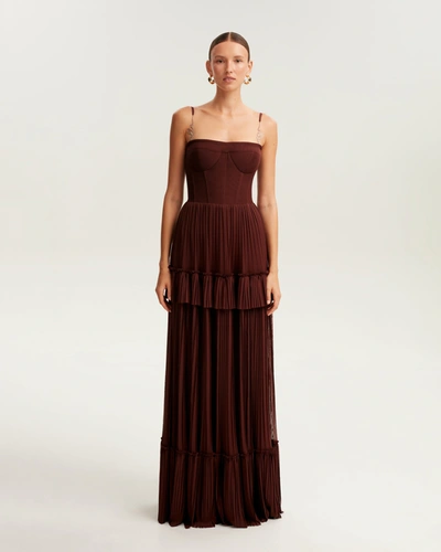 Milla Chocolate Spaghetti Strap Pleated Maxi Dress, Garden Of Eden In Brown