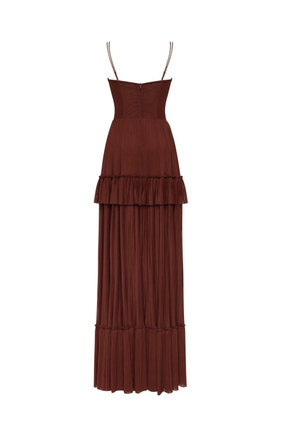 Shop Milla Chocolate Spaghetti Strap Pleated Maxi Dress, Garden Of Eden In Brown