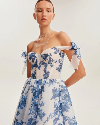 Milla Charming Blue Hydrangea-patterned Organza Midi Dress, Garden Of Eden In Blue-navy