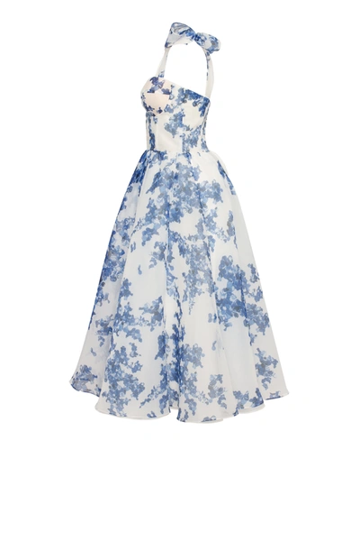 Milla Charming Blue Hydrangea-patterned Organza Midi Dress, Garden Of Eden In Blue-navy
