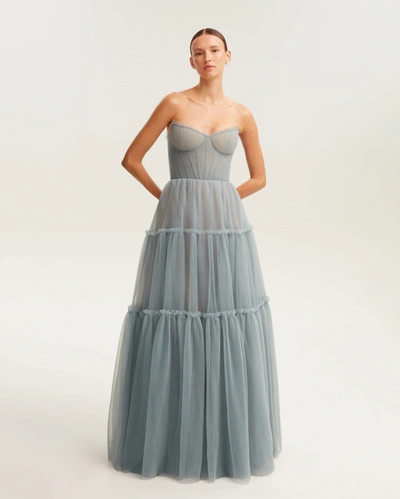 Milla Ocean Wave Tulle Maxi Dress With Ruffled Skirt, Garden Of Eden In Ocean Wave