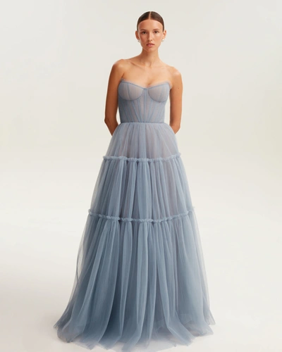 Shop Milla Cloudy Blue Tulle Maxi Dress With Ruffled Skirt, Garden Of Eden In Dark Blue