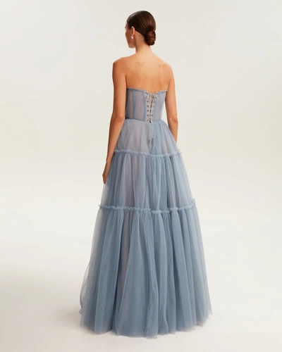 Shop Milla Cloudy Blue Tulle Maxi Dress With Ruffled Skirt, Garden Of Eden In Dark Blue