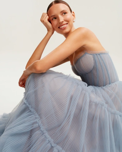 Shop Milla Cloudy Blue Tulle Maxi Dress With Ruffled Skirt, Garden Of Eden In Dark Blue