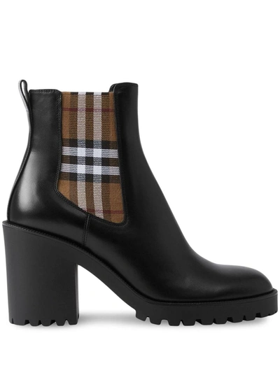Shop Burberry Check Motif Leather Ankle Boots In Black