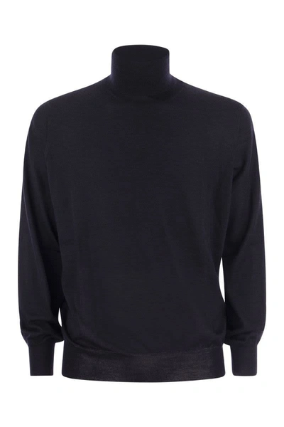 Shop Brunello Cucinelli Lightweight Turtleneck Sweater In Cashmere And Silk In Blue