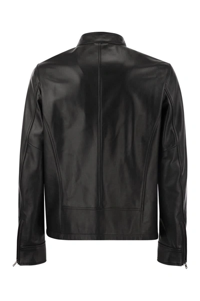 Shop Hogan Leather Biker Jacket In Black