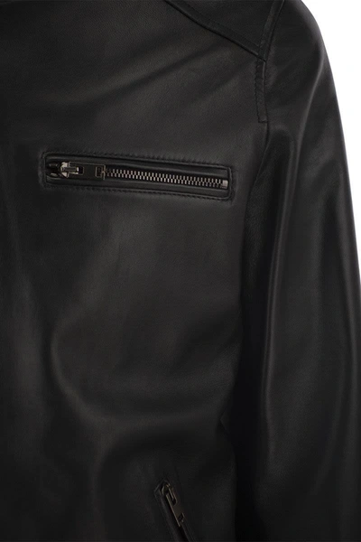 Shop Hogan Leather Biker Jacket In Black