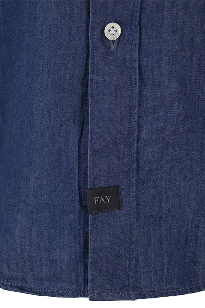 Shop Fay Denim Shirt With French Collar In Dark Denim