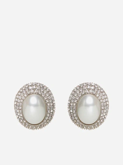 Shop Alessandra Rich Oval Crystals And Pearl Earrings In Crystal,silver