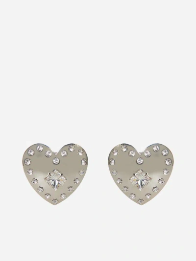 Shop Alessandra Rich Heart Crystals Earrings In Crystal,silver