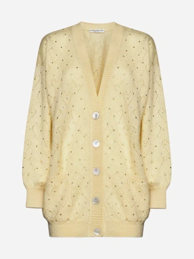Shop Alessandra Rich Rhinestone Mohair-blend Long Cardigan In Pale Yellow