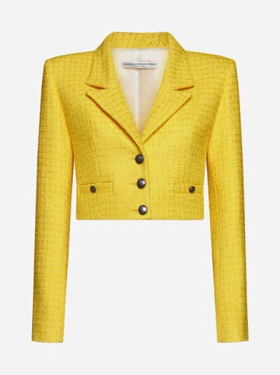 Shop Alessandra Rich Sequin Check Tweed Crop Blazer In Yellow