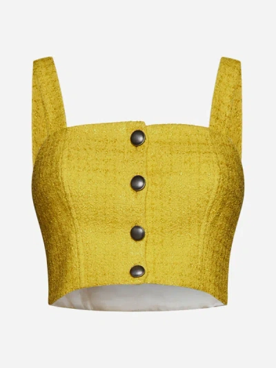 Shop Alessandra Rich Sequin Check Tweed Crop Top In Yellow