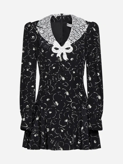 Shop Alessandra Rich Flower Print Silk Mini Dress In Black,ivory