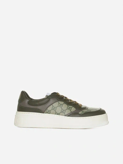 Shop Gucci Gg Canvas And Leather Sneakers In Olive,brown