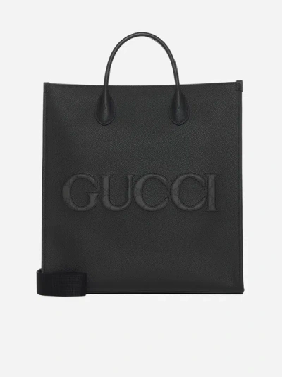 Shop Gucci Leather Medium Tote Bag In Black