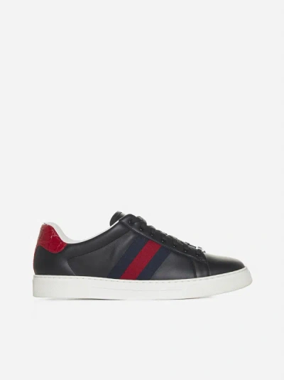 Shop Gucci Ace Leather Sneakers In Black,red