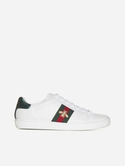 Shop Gucci Web And Bee Detail Ace Leather Sneakers In White,green