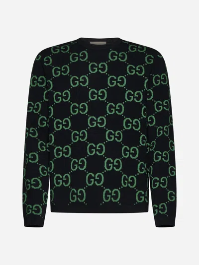 Shop Gucci Gg Motif Wool Sweater In Black,green