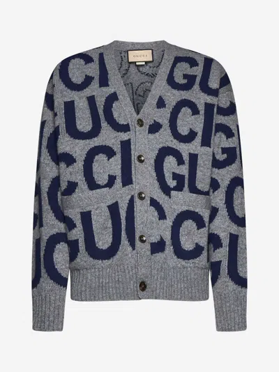 Shop Gucci Logo Motif Wool Cardigan In Grey,blue