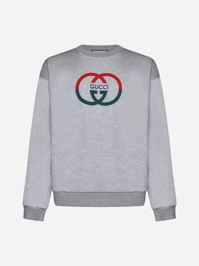 Shop Gucci Logo Cotton Sweatshirt In Grey Melange