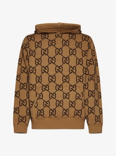Shop Gucci Gg Wool Hooded Sweater In Camel,chocolate