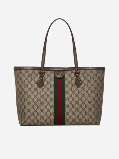 Shop Gucci Ophidia Gg Fabric And Leather Medium Tote Bag In Beige,ebony