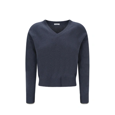 Brunello Cucinelli Long-sleeved V-neck Sweater In Blue