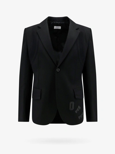 Off-white Wool Blazer Embroidered Detail Front Flap Pockets In Black