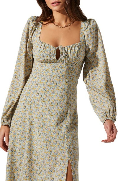 Shop Astr The Label Floral Print Long Sleeve Back Cutout Midi Dress In Blue Yellow Ditsy
