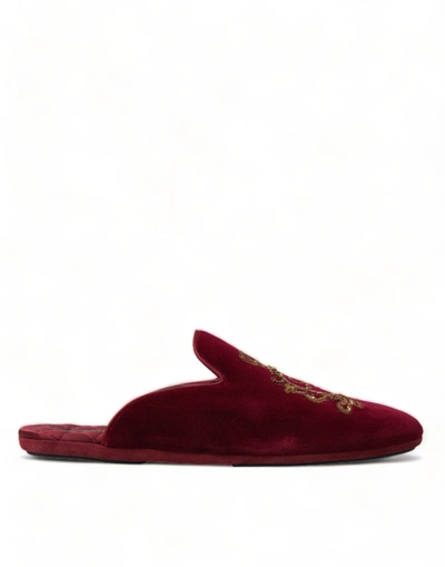 Shop Dolce & Gabbana Bordeaux Velvet Gold Crown Embroidery Slides Shoes