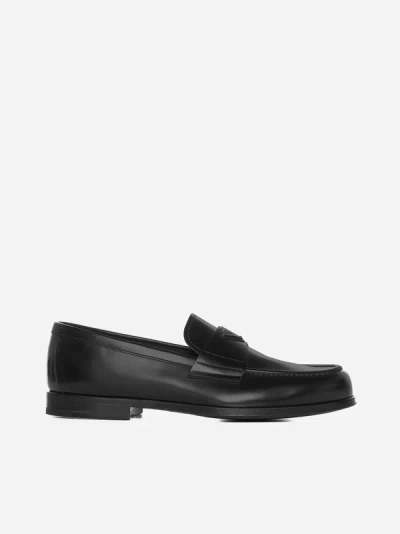 Shop Prada Leather Penny Loafers In Black