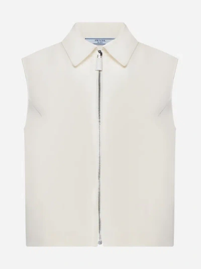 Shop Prada Silk-blend Polo Shirt Top In Ivory