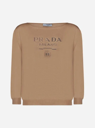 Shop Prada Logo Cashmere Sweater In Camel