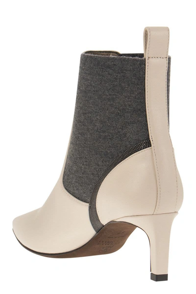 Shop Brunello Cucinelli Leather Heeled Ankle Boots With Shiny Contour In Ivory/grey