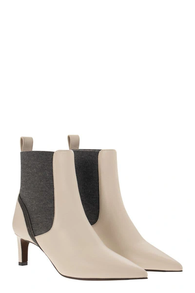 Shop Brunello Cucinelli Leather Heeled Ankle Boots With Shiny Contour In Ivory/grey