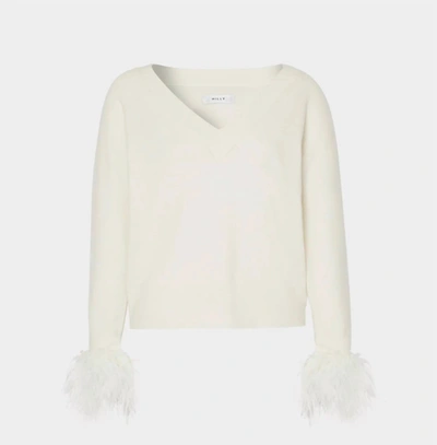Shop Milly Feather Cuff V-neck Sweater In Ecru In White