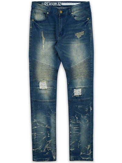 Shop Reason Mens Moto Bleached Straight Leg Jeans In Blue