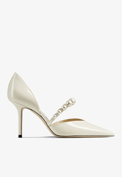 Shop Jimmy Choo Aurelie 85 Pearl Embellished Pumps In Patent Leather In White