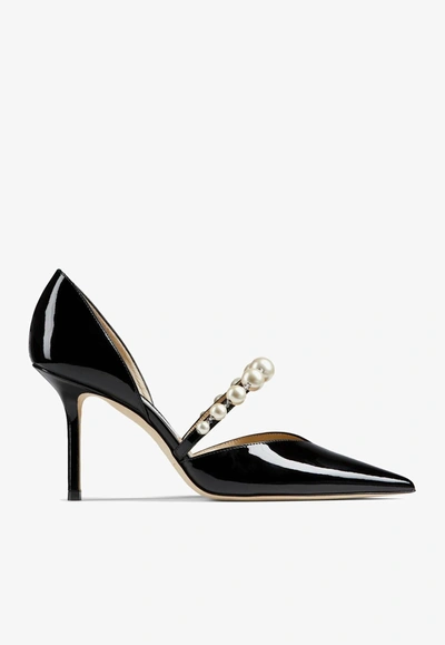 Shop Jimmy Choo Aurelie 85 Pearl Embellished Pumps In Patent Leather In Black