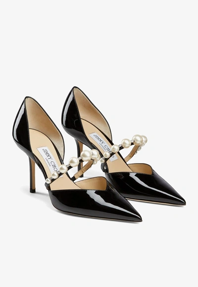 Shop Jimmy Choo Aurelie 85 Pearl Embellished Pumps In Patent Leather In Black