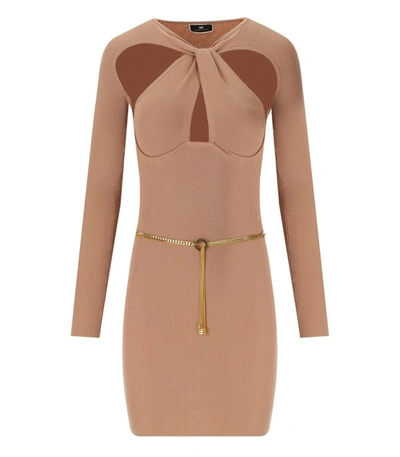 Shop Elisabetta Franchi Nude Knitted Dress With Twist Neck In Beige