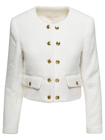 Shop Michael Michael Kors White Cropped Jacket With Golden Buttons In Tweed Woman