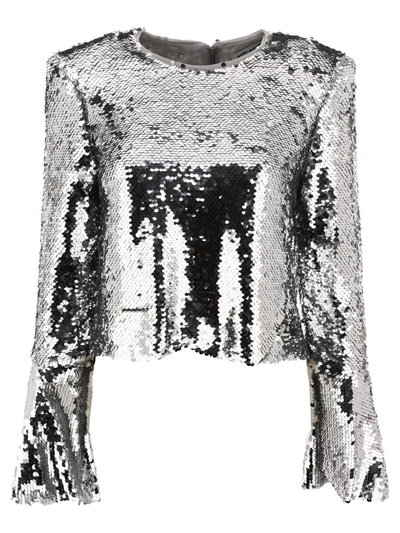 Shop Self-portrait Sequinned Flared Top In Silver