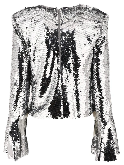 Shop Self-portrait Sequinned Flared Top In Silver