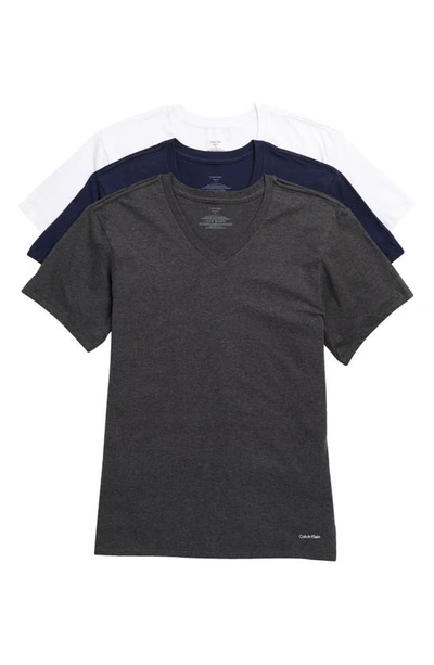 Shop Calvin Klein 3-pack Cotton V-neck T-shirt In White/ Navy/ Dark Grey