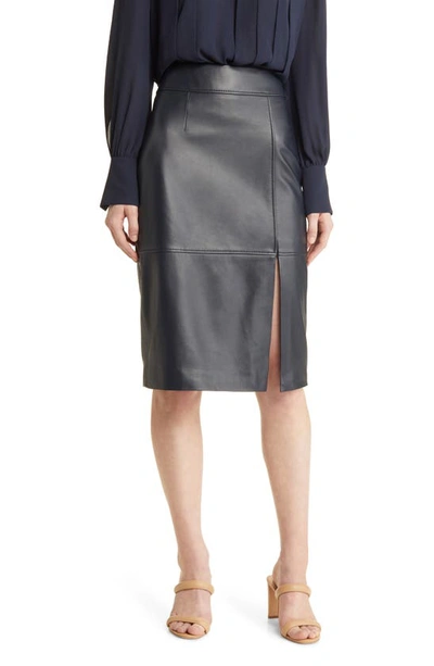 Shop Hugo Boss Setora Leather Pencil Skirt In Sky Captain